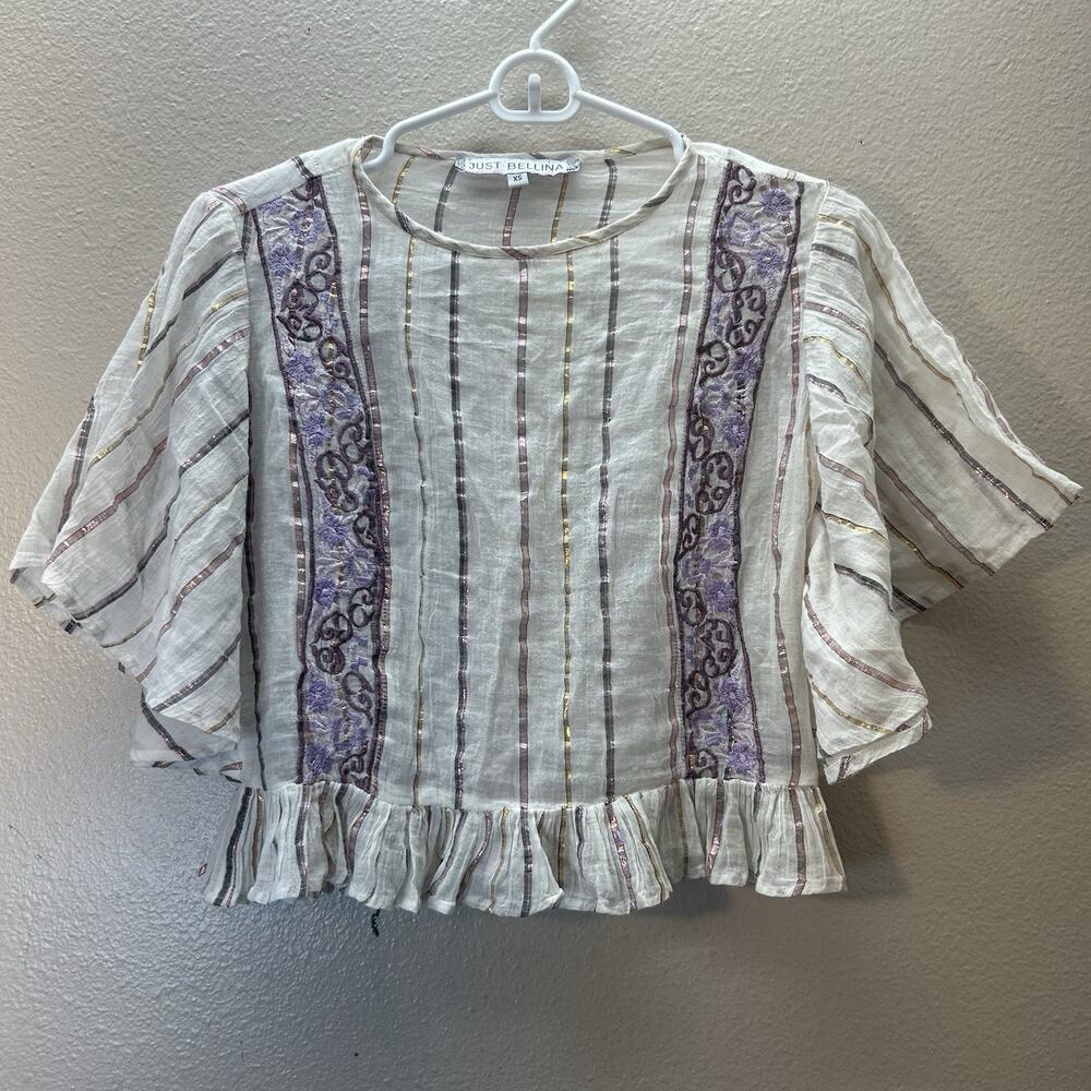 Just Bellina Top Womens White Metallic Boho Floral Embroidered Ruffle SZ XS Crop